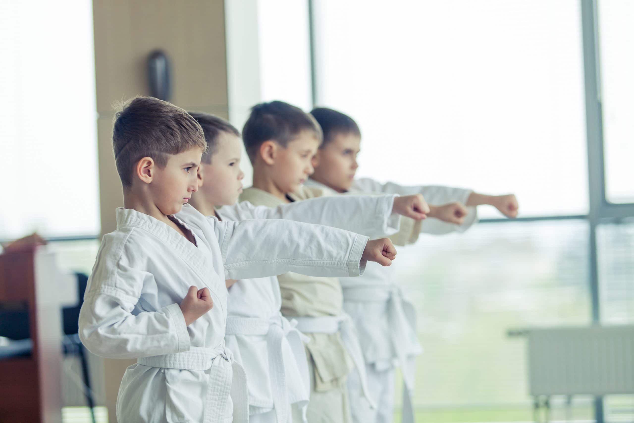 Sporty walk dla dzieci - chłopcy w kimonach trenujący karate.