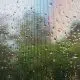 raindrops on a mosquito net on a rainy day; green trees in the b